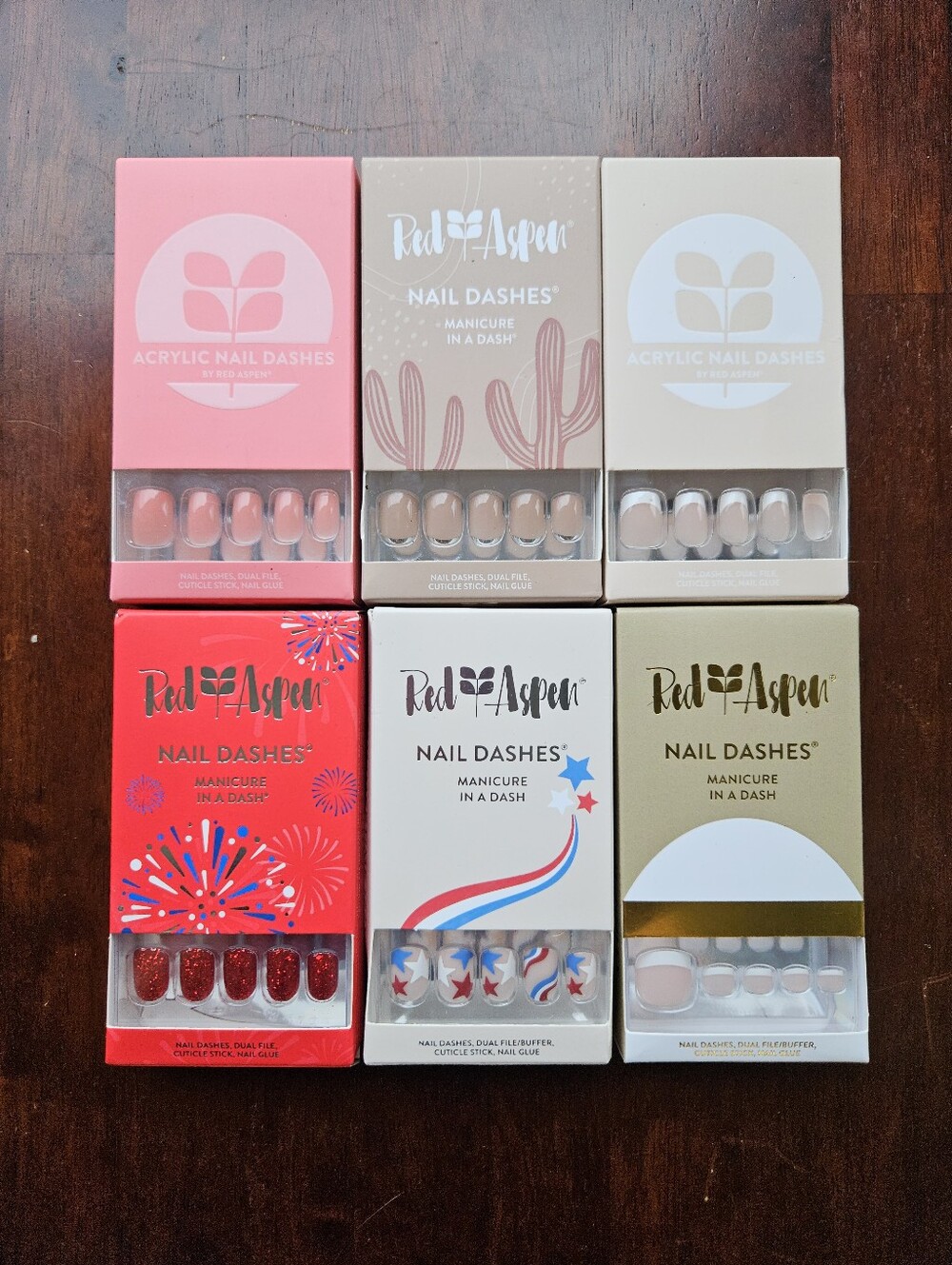 Red Aspen Nail Dashes Full Set — Mixed Neutrals, Red, French Tips Mani Pedicure